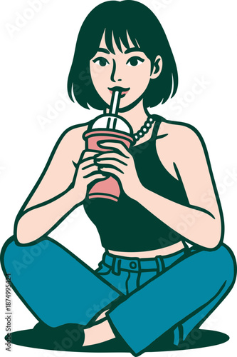Vibrant illustration of a stylish young woman comfortably seated, sipping a cool drink through a straw, embodying a casual and relaxed urban vibe