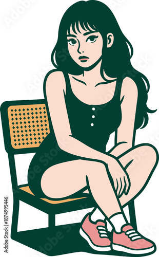 A stylish young woman with dark hair is casually sitting on a wicker chair, presenting a relaxed and contemplative pose in a clean, modern graphic illustration