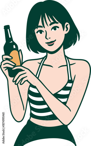 Stylish Graphic of a Happy Woman Offering a Cool Beverage, Symbolizing Joy, Social Occasions, and Unwind Time in a Lively Celebration