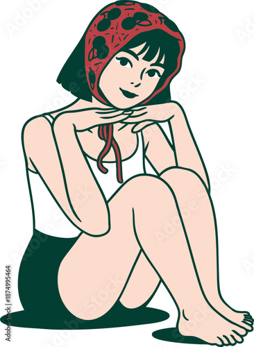 Stylish young woman in a vintage-inspired cherry print headscarf, exuding a cheerful and relaxed summer vibe while striking a charming pose