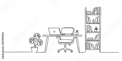 Continuous line drawing of a home office workspace with a desk, chair, and bookshelf Vector, illustration