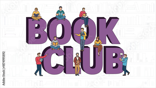 Vector illustration logo concept of a book club with people reading together. Perfect for landing pages, websites, mobile applications, banners, posters, flyers, and background use.