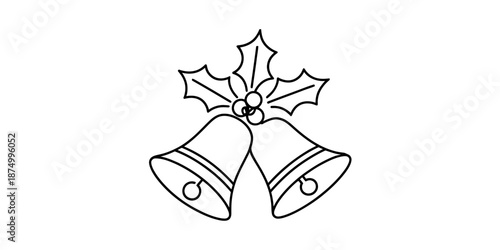 A simple black and white line art illustration of two festive christmas bells decorated with holly Vector, illustration
