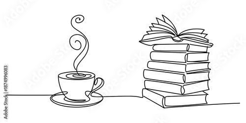 Continuous line drawing of a steaming coffee cup and a stack of books Vector, illustration