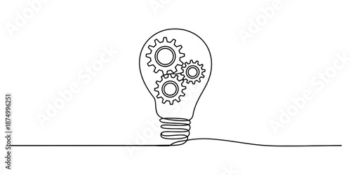 Continuous line drawing of a lightbulb with gears inside representing idea generation process Vector, illustration