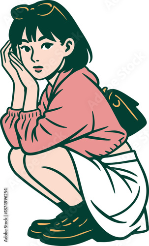 A stylish young woman in a pink hoodie and white skirt, crouching and looking at the camera with sunglasses on her head, a fashionable accessory