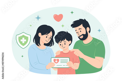 Happy family holding medical insurance card. Parents caring for child health, healthcare protection and family insurance concept