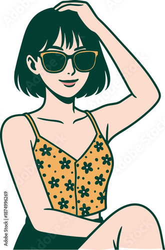 Stylish young woman in sunglasses and a floral crop top striking a relaxed pose, embodying summer fashion and a confident, modern vibe with a trendy aesthetic