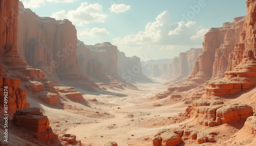 Vast desert canyon landscape with towering rock formations under a bright blue sky with scattered clouds during daytime natural