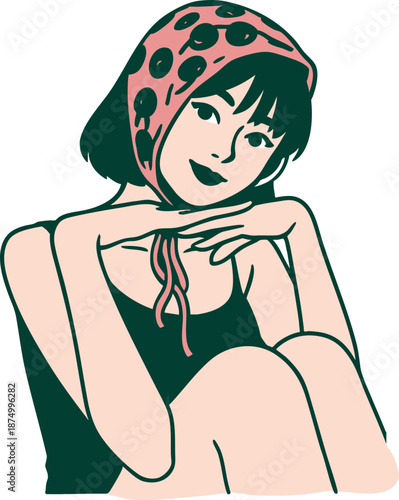 Charming illustration of a young woman enjoying a relaxed summer day, showcasing a vibrant retro headscarf and a timeless, confident pose