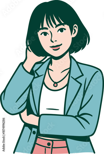 Charming and confident young woman in a stylish blue blazer, exuding a friendly and approachable vibe, perfect for modern professional and casual lifestyle designs