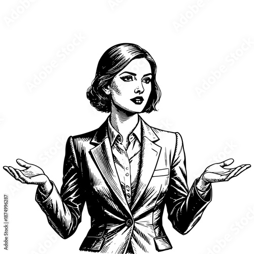 Elegant Businesswoman's Dilemma: A sophisticated businesswoman, in a formal suit, appears contemplative, conveying the complexities of a business decision with an open gesture.