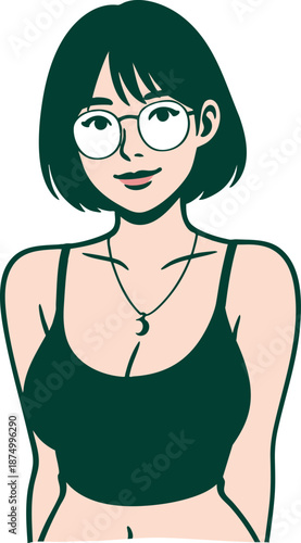 Charming illustration of a young woman with glasses and a friendly smile, embodying a cool and approachable modern aesthetic, perfect for various digital media