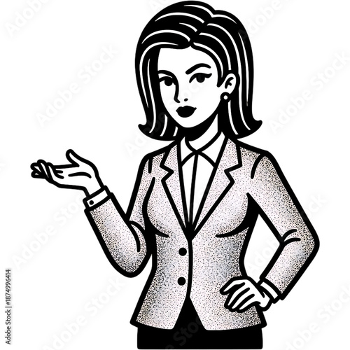 Empowering Presentation: A confident professional woman, gracefully gestures with open hand, ready to engage in a dynamic presentation.