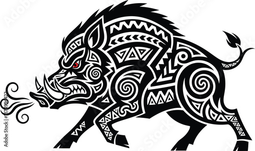 Tribal boar with tribal patterns and red eye