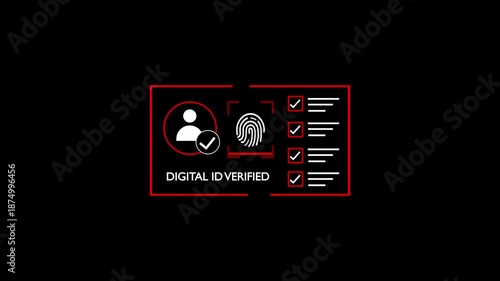 Digital I D verification concept with outline of a person's profile, fingerprint scan, and verified check marks on a dark background, symbolizing secure authentication and identity.