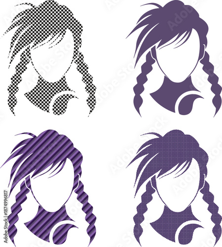 Four braided female silhouettes in grid layout feature halftone solid striped and gradient styles showcasing digital illustration diversity