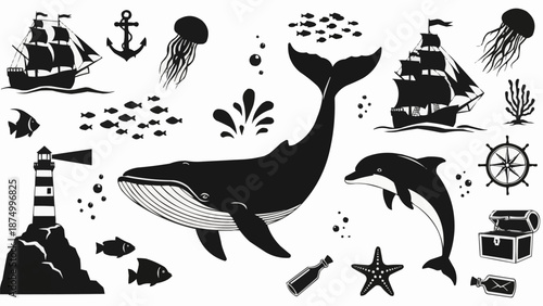 Nautical elements and marine life collection silhouette set.