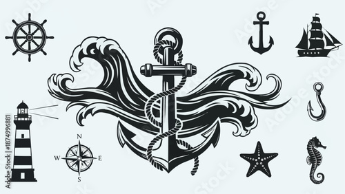 Nautical elements collection with anchor waves ship lighthouse compass.