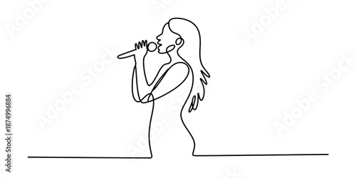 A continuous line drawing capturing a female singer performing live with a microphone Vector, illustration