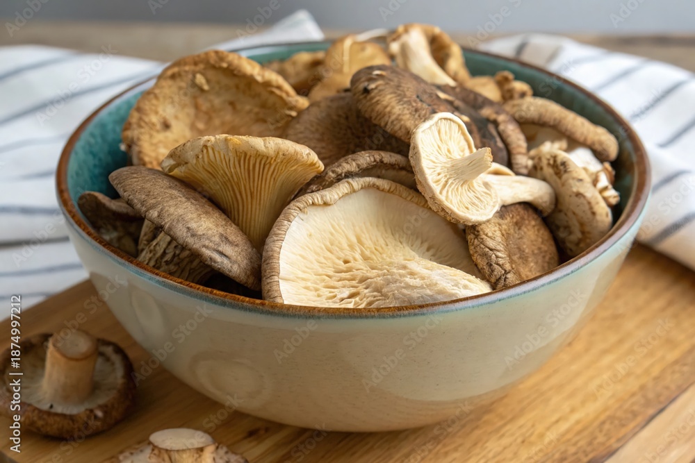 Fototapeta premium A bowl of mushrooms is on a table