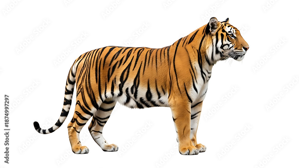 Obraz premium majestic tiger standing in profile isolated on white background showcasing powerful wildlife presence striped fur detail strength focus and endangered animal conservation concept