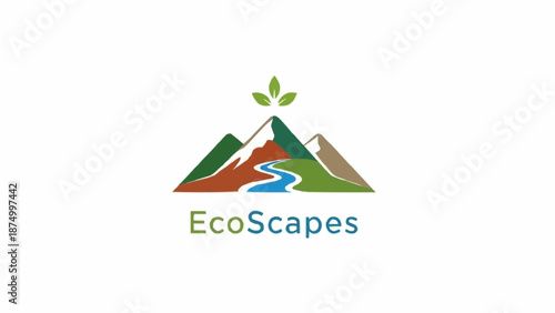 Mountain landscape with river and green leaves logo.