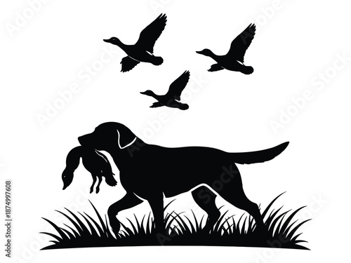 Hunting Dog with Duck Prey Silhouette and Flying Birds