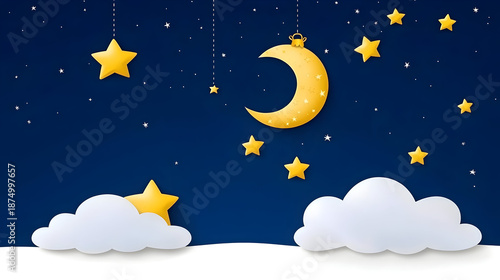 Whimsical night sky with crescent moon and stars hanging above clouds