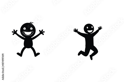 Two happy stick figure silhouettes jumping in the air with smiles