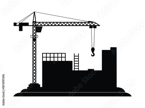 Construction Site Silhouette with Tower Crane and Building Isolated on White