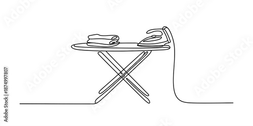 A continuous line drawing illustrating an ironing board and iron with folded clothes Vector, illustration