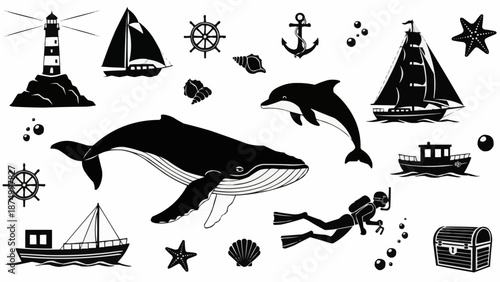 Nautical and Marine Life Icons Set.