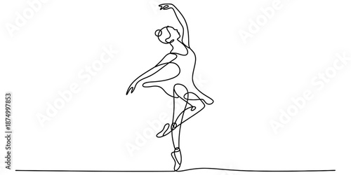 Graceful continuous line art drawing of a ballerina dancing on pointe Vector, illustration