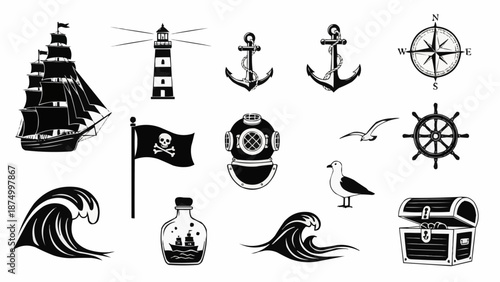 Nautical and Pirate Themed Icons Set.