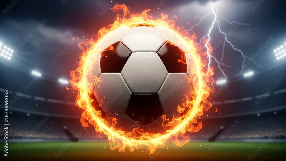 Fototapeta premium Soccer ball on fire with lightning in stadium background