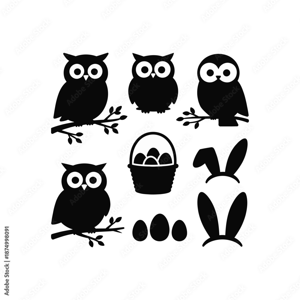 Fototapeta premium Easter silhouette clipart featuring owls a basket eggs and bunny ears on white background
