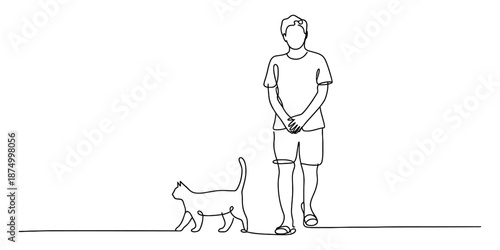 A continuous line drawing of a person standing next to a cat walking along a simple line Vector, illustration