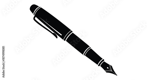 A striking black fountain pen design is displayed showing its elegant form silhouette
