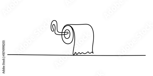 A continuous line drawing of a toilet paper roll on a holder on a white background. Vector, illustration