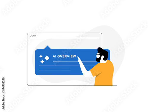 AI overview provides instant generative summary at search top with key insights information links exploration artificial intelligence technology concept. AI overview isolated vector illustration