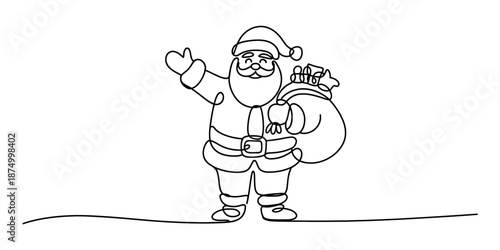 Continuous line drawing of santa claus waving with gift sack Vector, illustration
