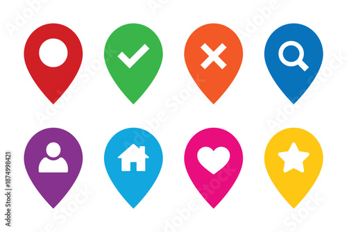Location icons. Map pin symbol collection with check mark, search, home, person sign. Transparent PNG and vector