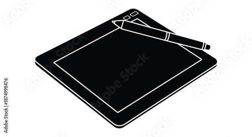 A black and white graphic representation of a digital tablet pen and minimalist silhouette