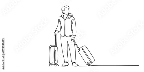 Continuous line drawing of a traveler standing with rolling luggage. Vector, illustration
