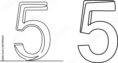 Minimalist number five, line art concept, single continuous stroke rendering, modern design