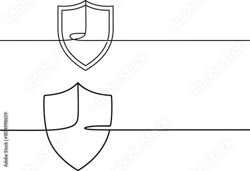 Minimalist shields connected by continuous line, single stroke illustration, security concept design