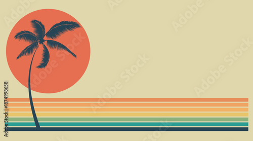 Sun, palm trees, sea, summer. The outline of a palm tree against a red sun. Beach vacation on a hot day.