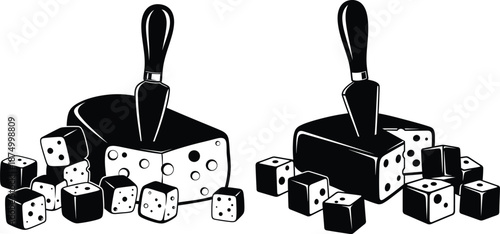 Monochrome cheese wedges and cubed pieces with knife, illustrated with bold outlines and patterns