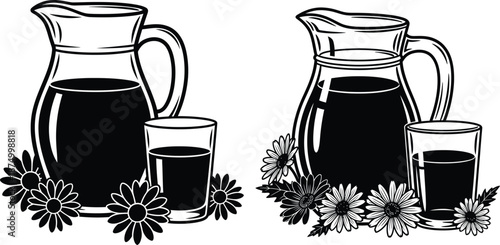 Monochrome drink pitcher and glass with chamomile flowers, two versions for versatile design